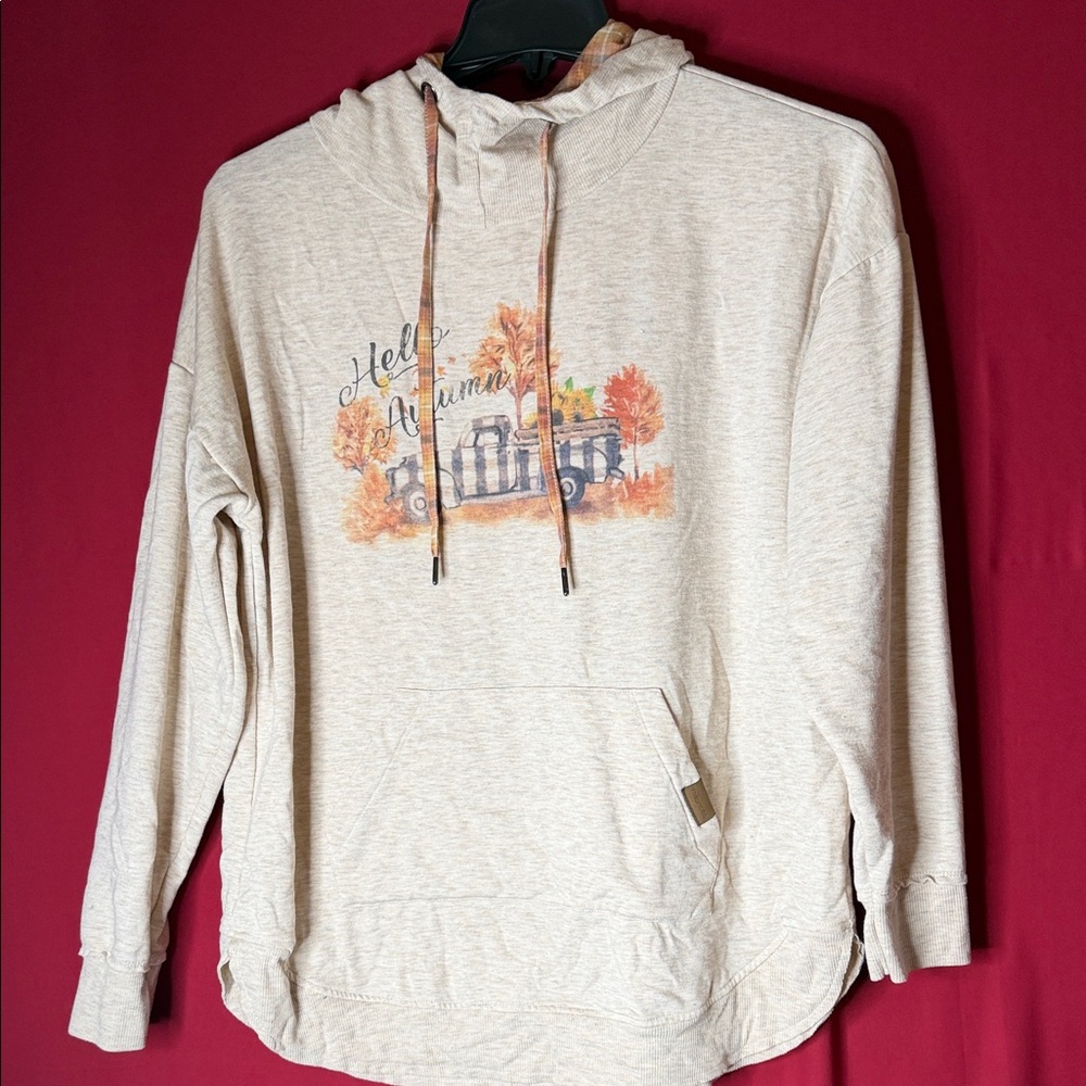 Maurices Beige Hoodie with Orange Plaid Accents